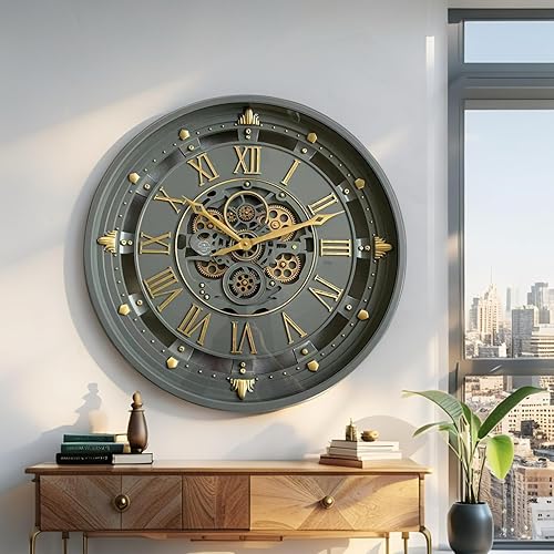 Miniatura 3 de ImprovingLife The Gears Clock - Reloj de pared de 26 pulgadas con engranajes móviles reales línea Bélgica con cubierta de cristal (verde, 26