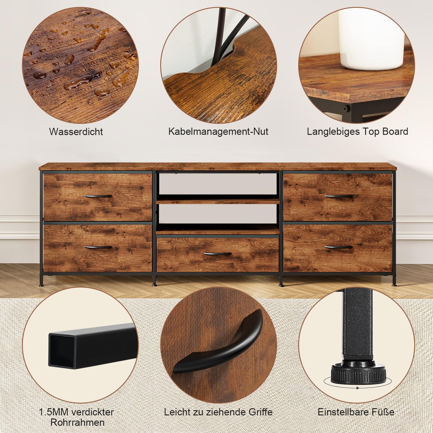 TV-Schrank,Fernsehschrank,Lowboard für Fernseher bis zu 65 Zoll,TV Board mit 5 Schubladen aus Stoff,2 offenen Fächern,Fernsehtisch mit Stahlgestell für Wohnzimmer,30 x 140 x 50 cm (Braun)