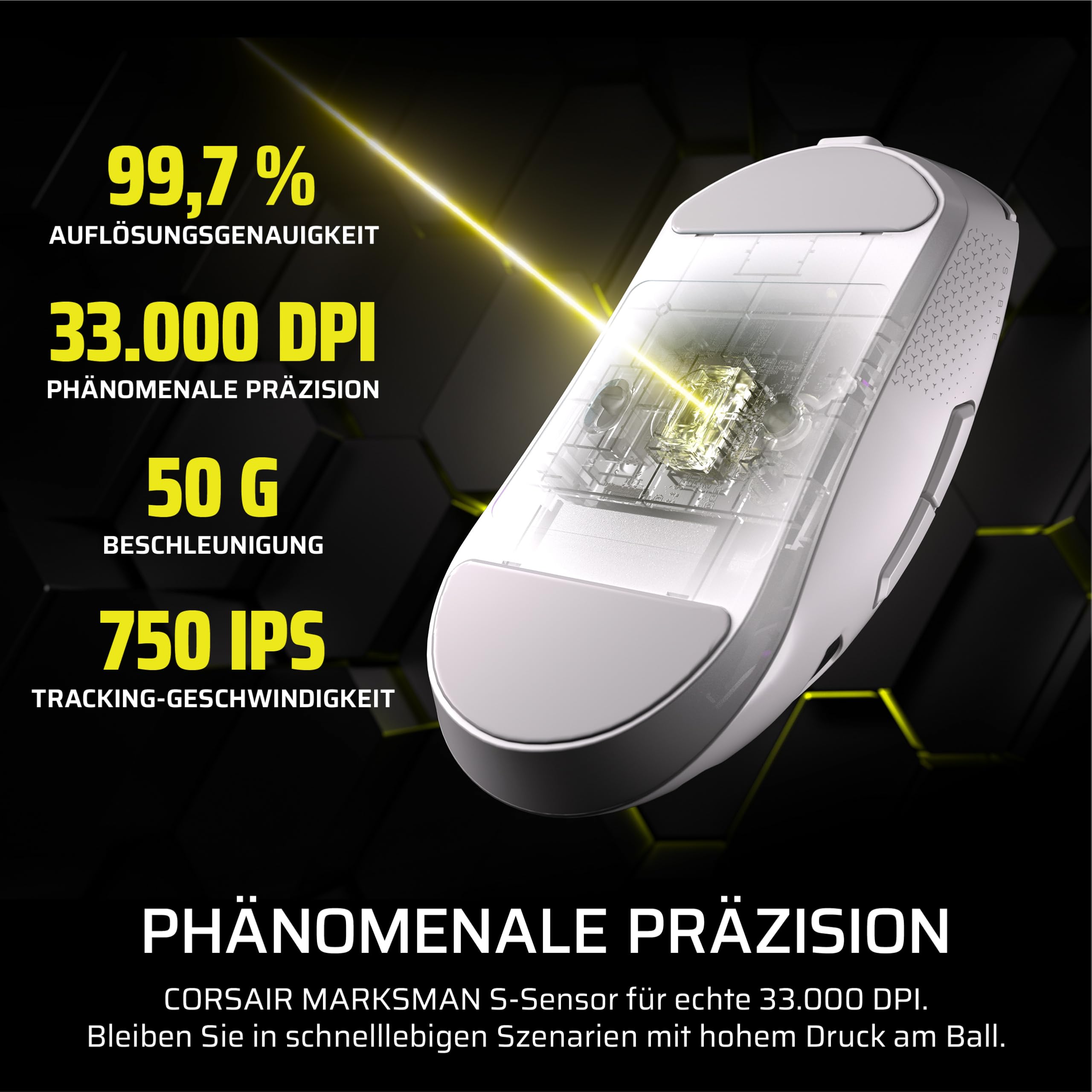 Corsair Sabre v2 PRO Kabellose FPS-Gaming-Maus Weiß 33,000 DPI MARKSMAN S-Sensor 8,000Hz Hyper-Polling Magnesium Leichtgewicht 120 Stunden Akkulaufzeit