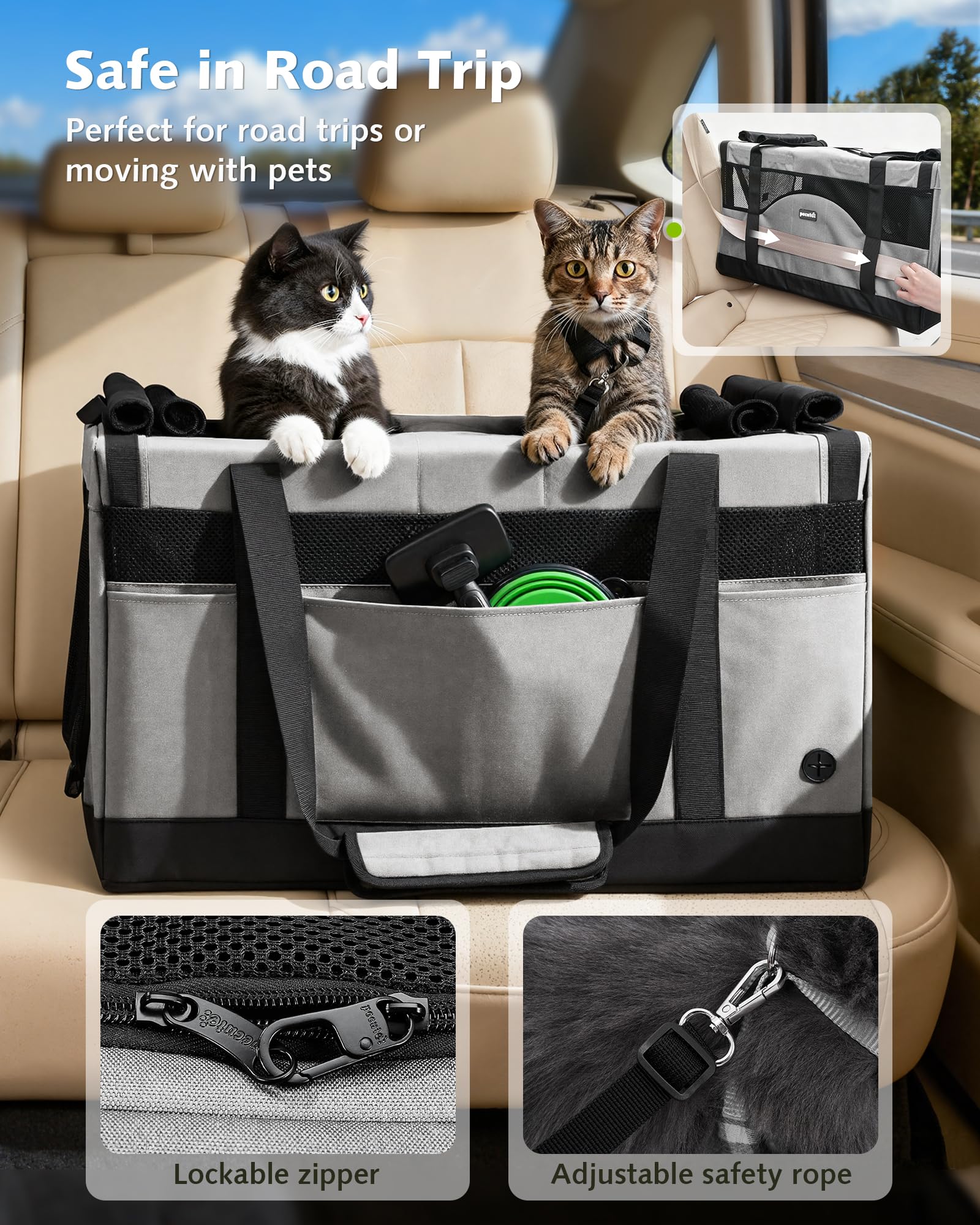 Pecute Transportín para Gatos con Doble Compartimento, ultraestable, Transpirable y Plegable, Ideal para Viajes, mudanzas y visitas al Veterinario, Gris