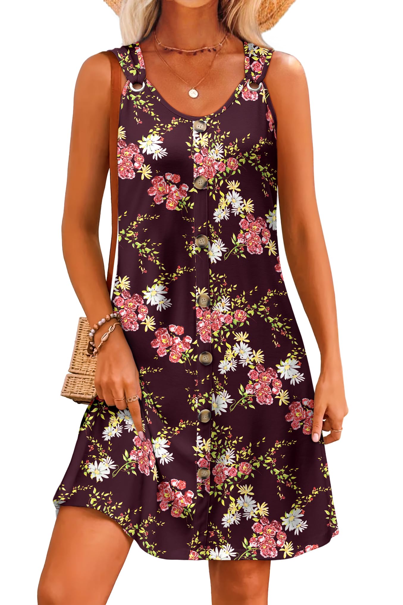 LUXVEER Summer Dresses for Women 2026 Sleeveless Floral Boho Swimsuit Cover Ups Casual Button Beach Vacation Tank Sundresses