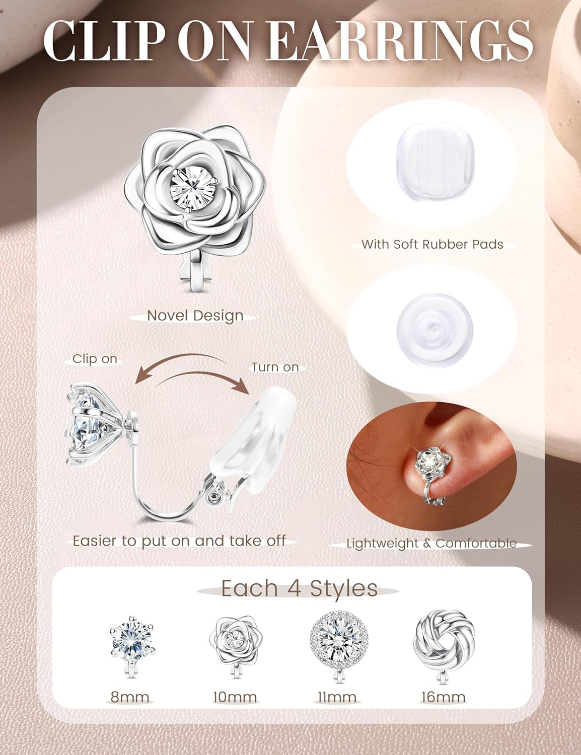 BESTEEL Clip on Earrings Women - Hypoallergenic Non Pierced Earrings Small Cubic Zirconia Flower Heart Square Twist Knot Fake Earring Set Wedding Dance Gift - Image 2