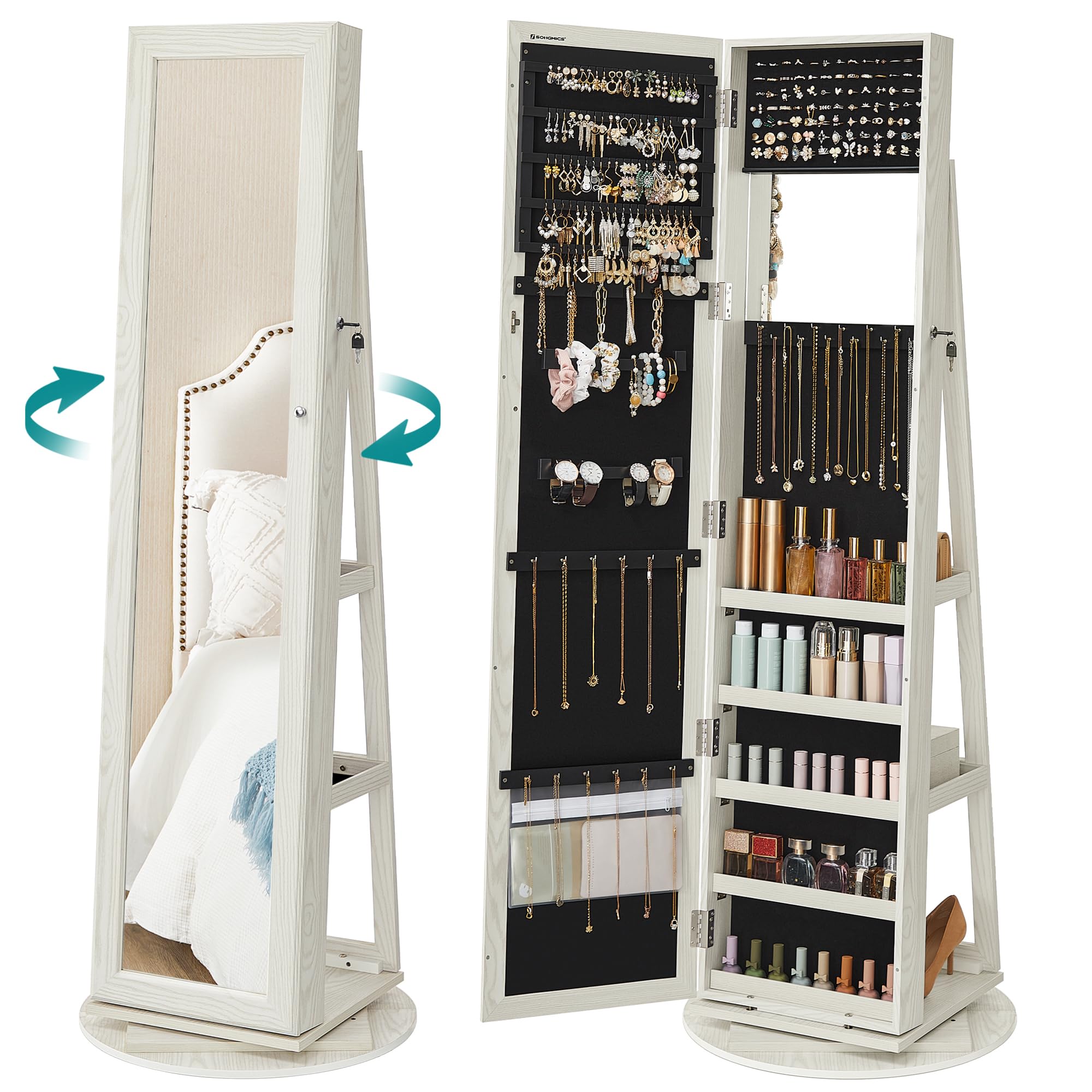 SONGMICS Schmuckschrank, Standspiegel, Spiegelschrank, mit Ganzkörperspiegel, um 360° drehbar, Schmuckaufbewahrung, abschließbar, mit Schlüsseln, Geschenkidee, weiß mit Grauer Holzmaserung JBC62W