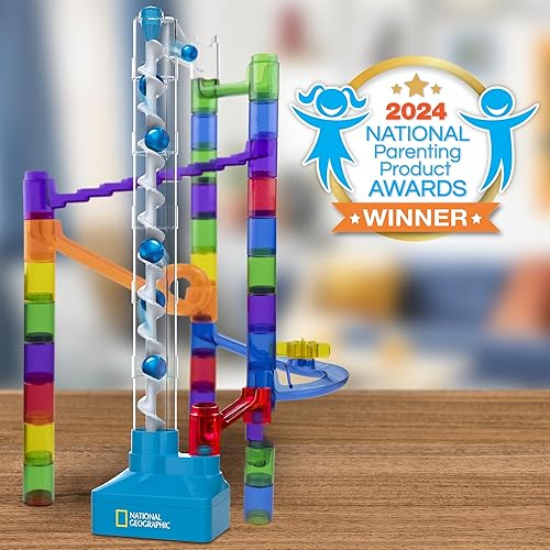 Miniatura 7 de National Geographic Marble Run con elevador motorizado, kit de laberinto de mármol de 150 piezas con elevación en espiral motorizado, 30 canicas,