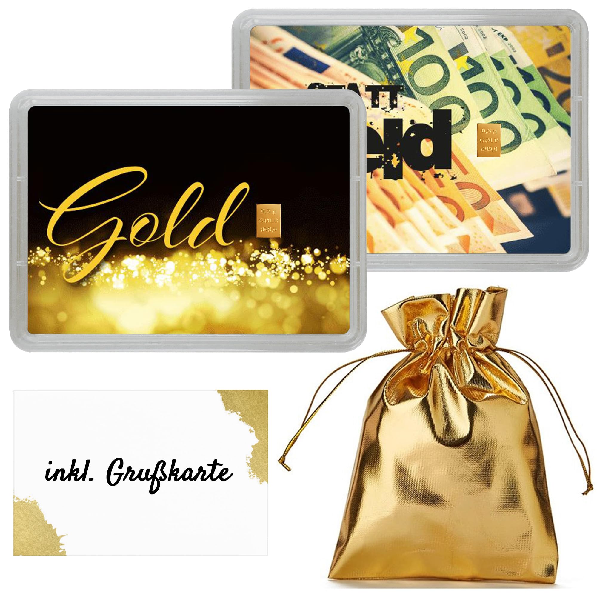Goldstücke 24 - Goldbarren als Geschenk in Motivbox “Gold statt Geld” - Feingold 999,9 (0,5 Gramm Gold)