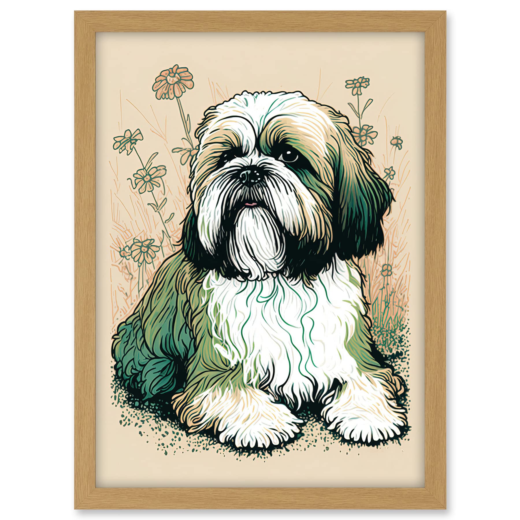 Artery8 Shih Tzu Dog with Daisies Modern Multicoloured Linocut Illustration Artwork Framed A3 Wall Art Print