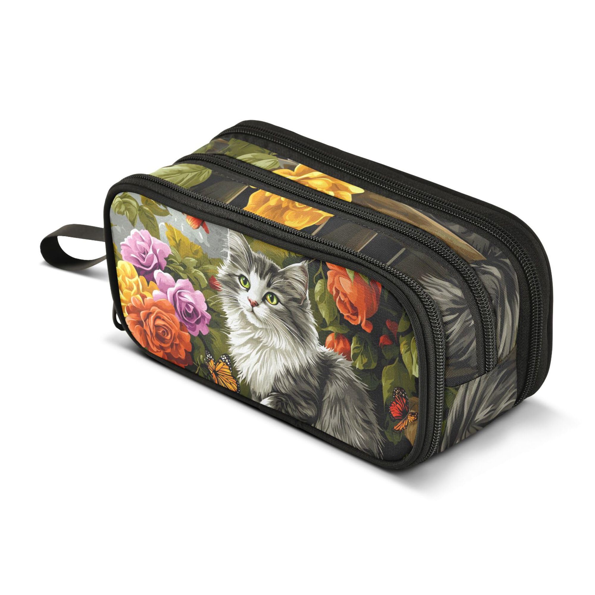 Large Pencil Case, Big Capacity Pencil Bag Pen Pouch Holder 3 Compartments, Gray Cat on The Garden Fence School Office Supplies Stationery Makeup Bag Storage Organizer for Students Girls Boys Women Me — image 1