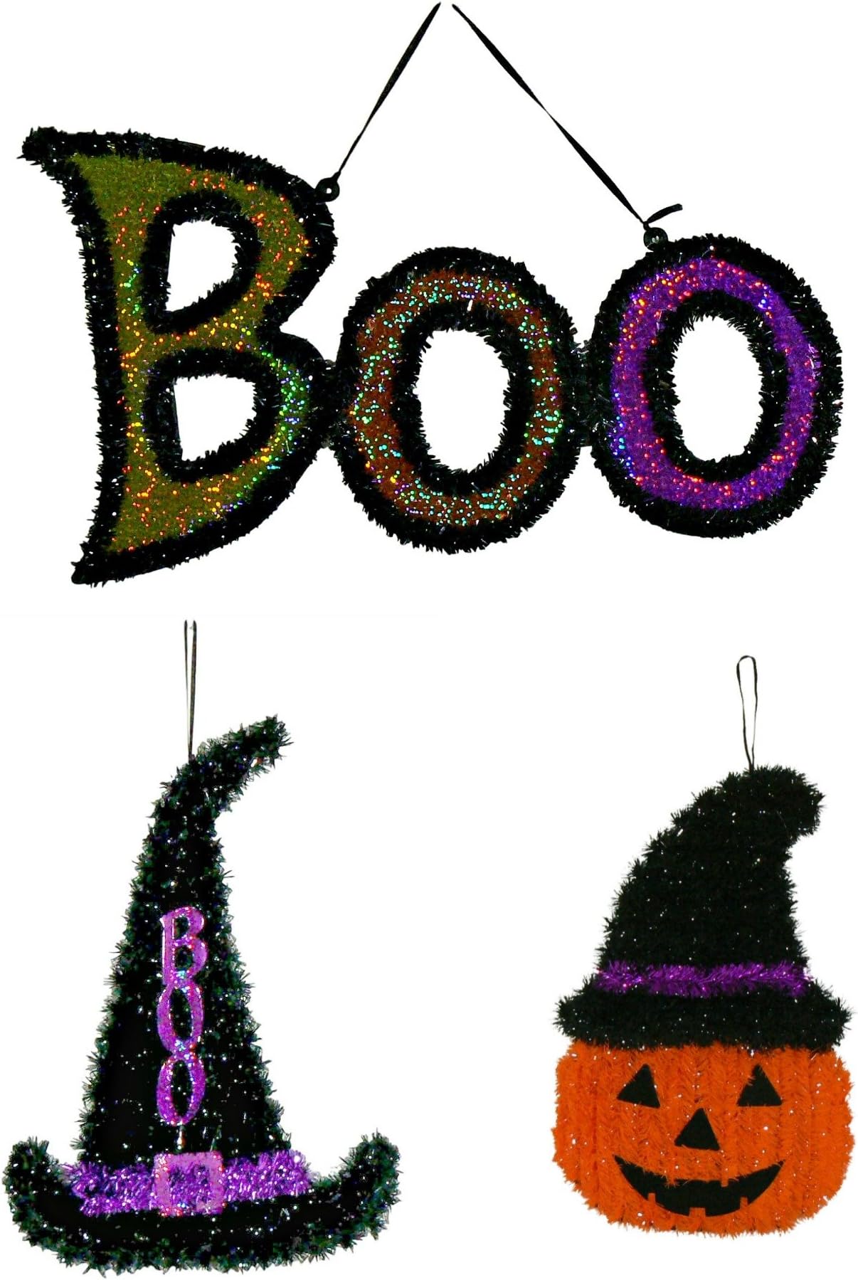 Hanging Tinsel Halloween Character Bundle – 3 pc Witchy Pumpkin, Shimmering Boo, Black Witch Hat