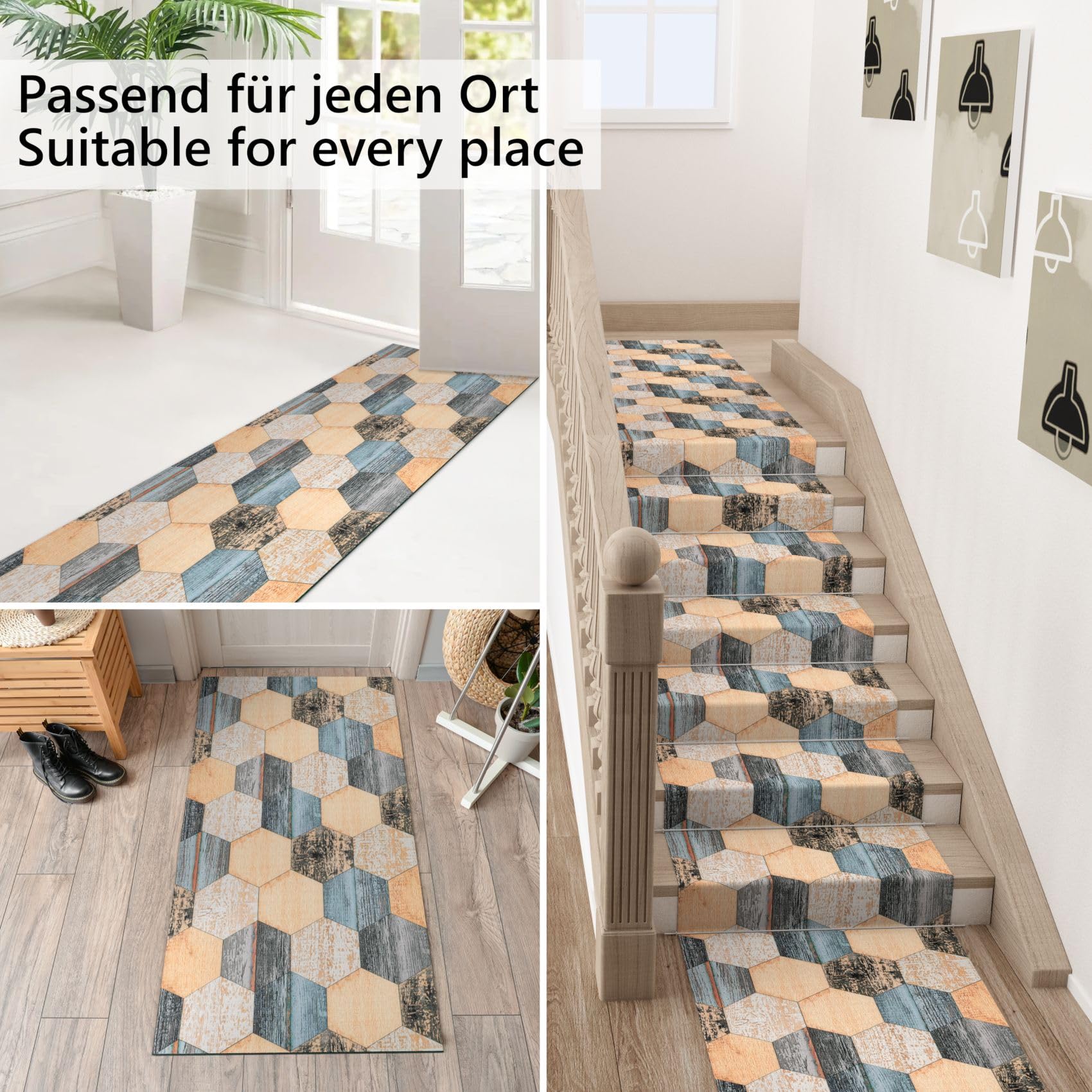 ANRO Küchenläufer Teppich Läufer Küchenteppich Flur Läufer Küche awaschbar pflegeleicht Holz Patchwork 350x65cm