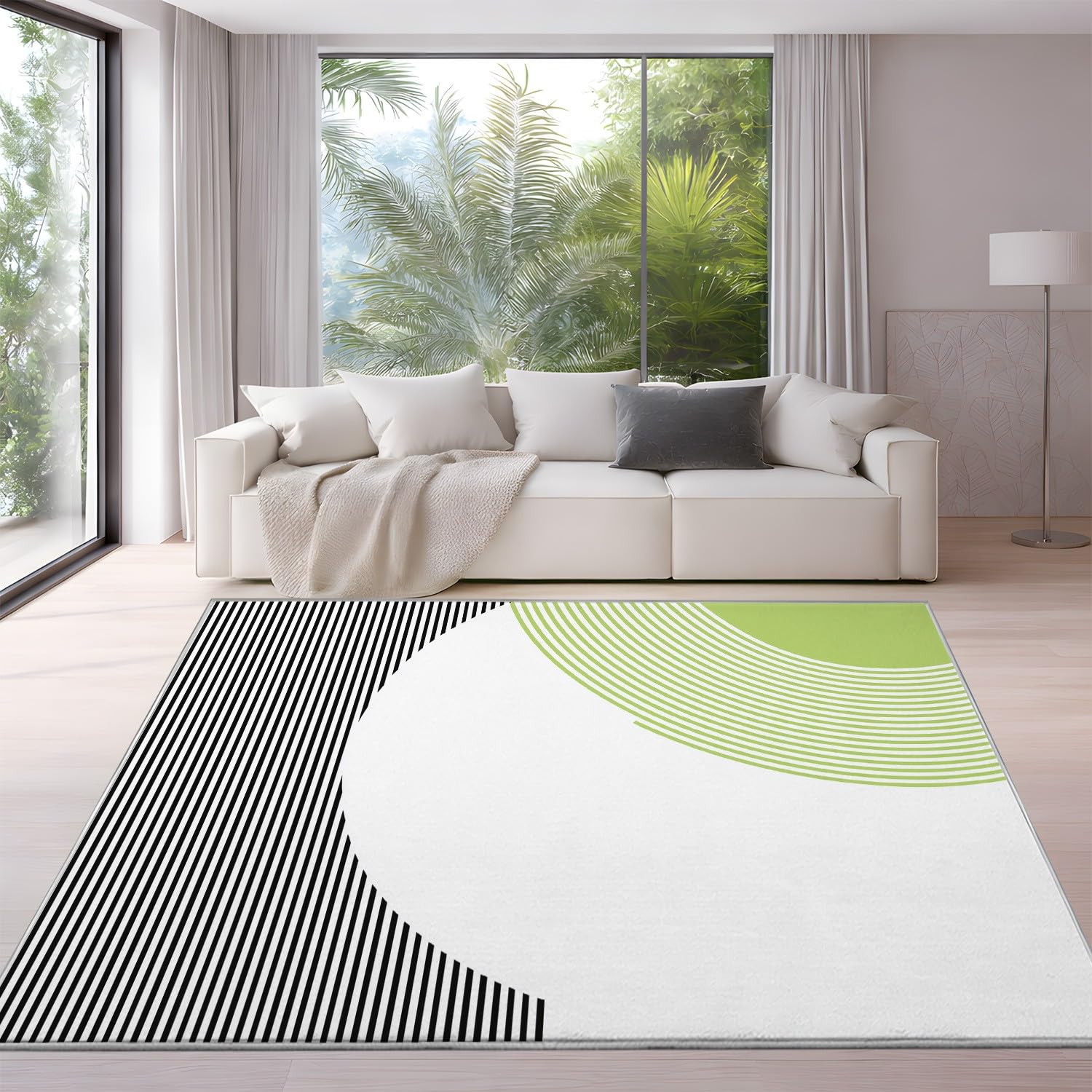 Ogólny nowoczesny dywan, 150 x 180 cm, sportowy dywan, geometryczny, świeże paski, antypoślizgowy, nie mechaci się, czarno-zielony dywan do salonu, sypialni, kuchni i jadalni, można prać w pralce