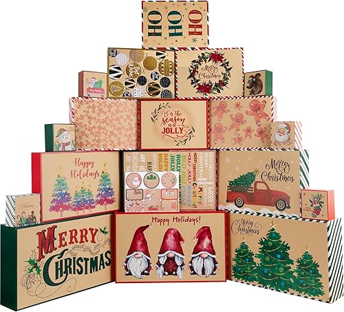 POPGIFTU 18 cajas de Navidad de papel kraft con tapas para regalos (4 tamaños y 18 diseños), cajas de regalo de Navidad a granel con etiquetas
