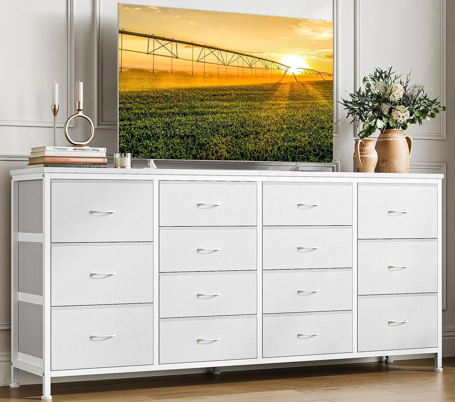 GarveeHome Organización Moderna para el hogar – Cómoda con 14 cajones de Tela, Estructura metálica y enchufes eléctricos/USB, para Dormitorio, salón o habitación Infantil, 160x35x75 cm, Blanco