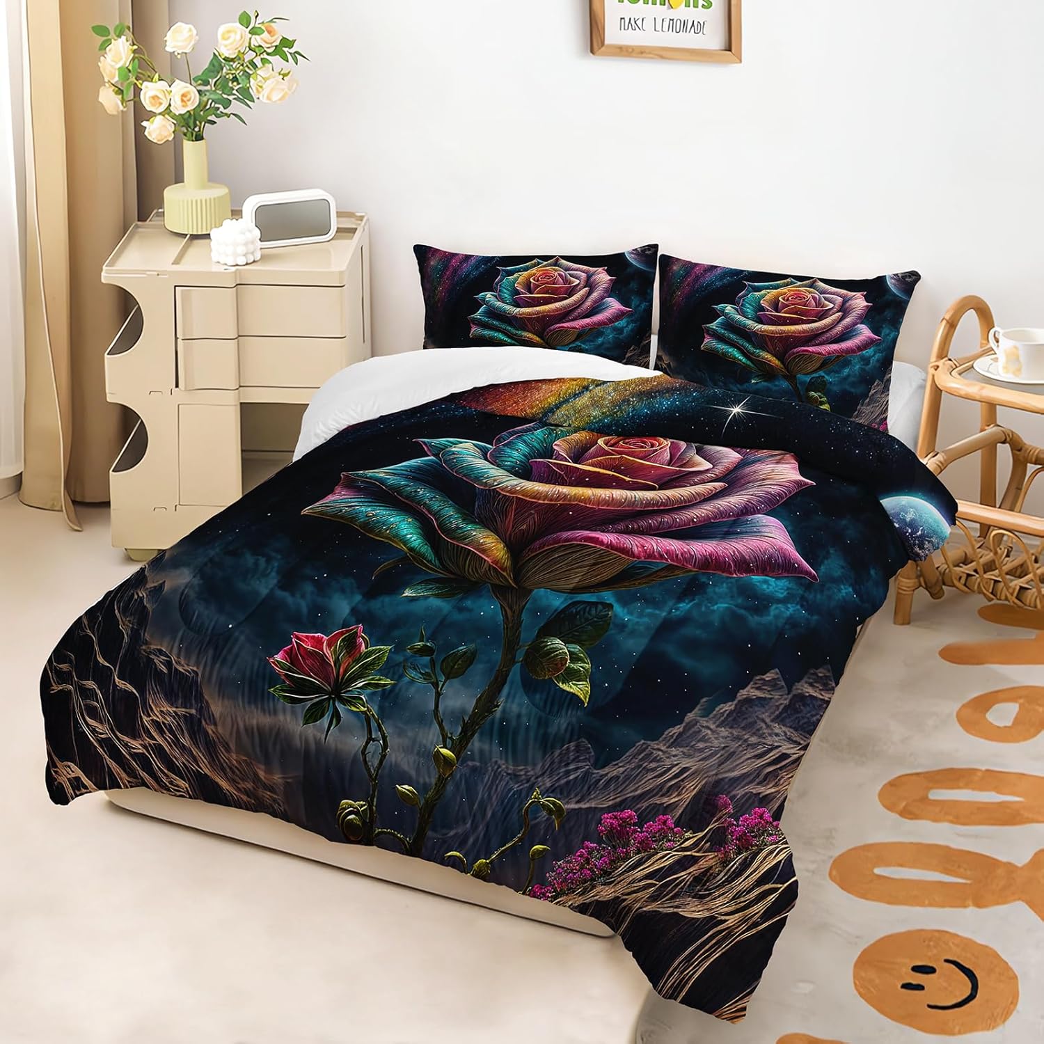 Gothic Rose Comforter Set Twin Size, Botanical Floral Family Bedding Set for Aduits Girls, Lightweight Soft Microfiber Colorful Flower Comforter with 2 Pillowcases.