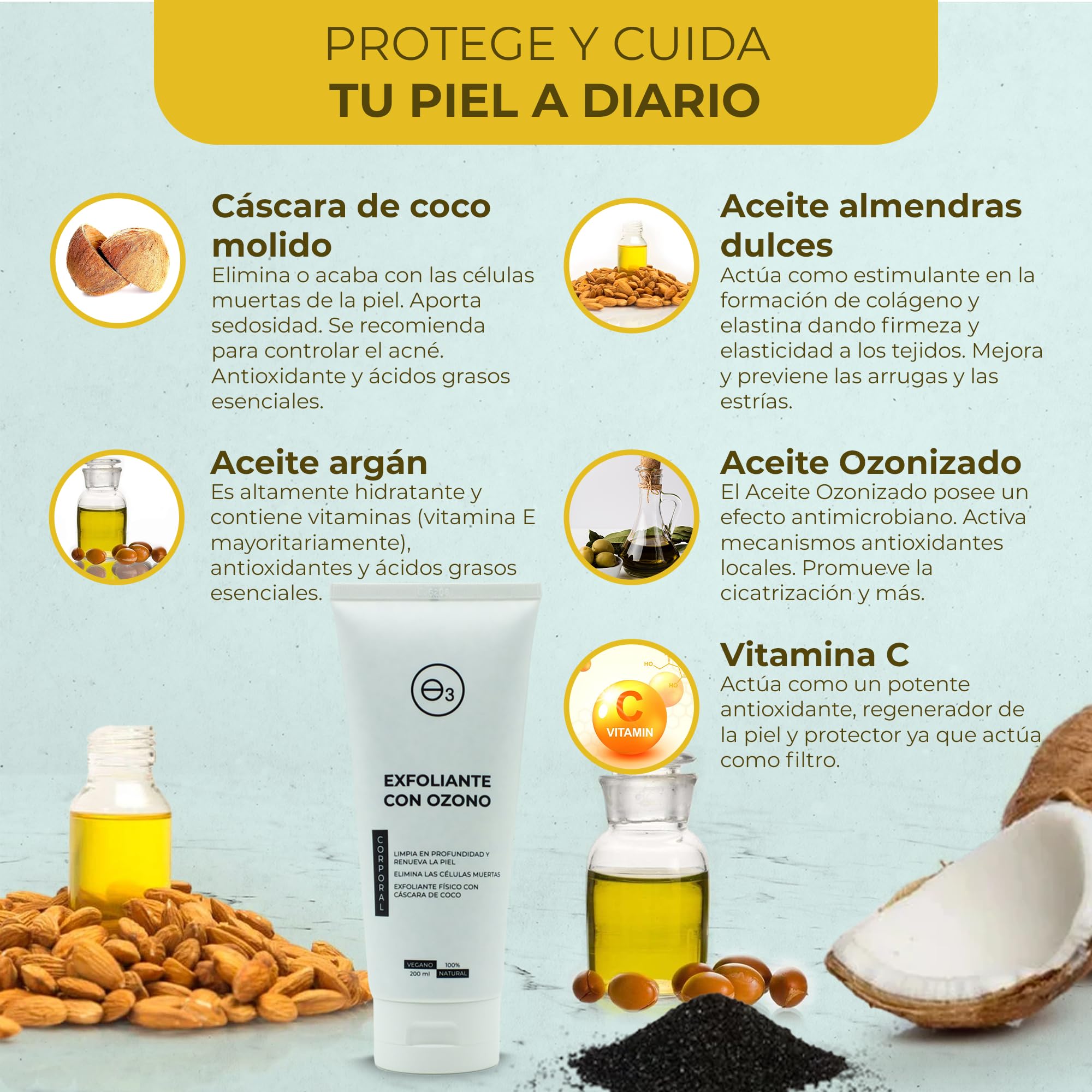 OZONO D'OR - Exfoliante Corporal con Ozono 100% Natural ECO., Trata la Piel Grasa Acné, Puntos Negros, Manchas, Poros Obstruidos | Peeling Corporal Elimina la Piel Muerta, Piel Sensible. 200 ml