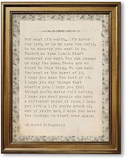 Vintage For What it's Worth Wall Art F. Scott Fitzgerald Inspirational Quote Canvas Print Retro Motivational Poster Literary Art Cottage Core Wall Decor for Living Room Office 8x10inch Golden frame