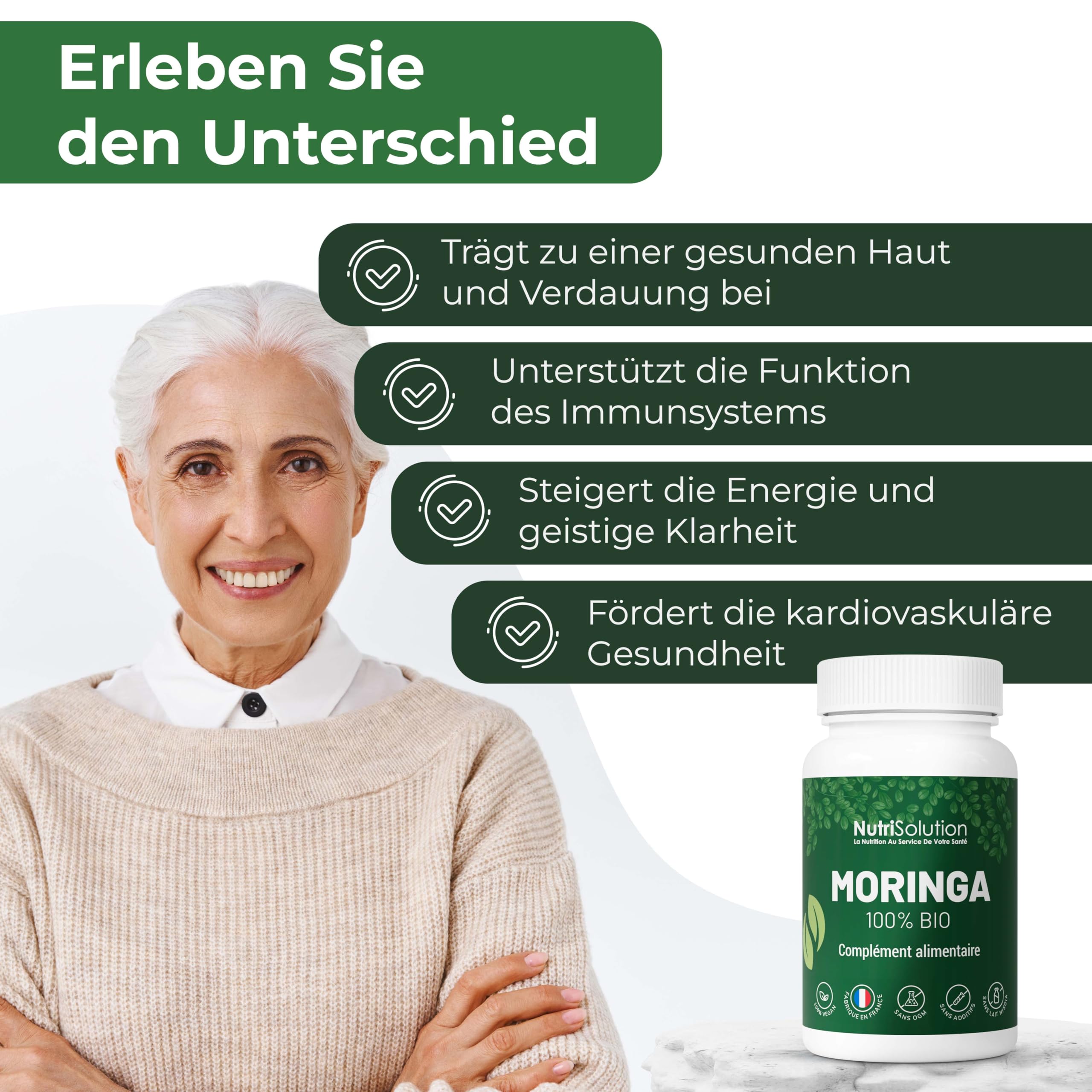 NutriSolution Moringa Kapseln 100% Bio - Superfood voller Multivitamine und Mineralien - Pulver aus Moringa Oleifera Blättern - 90 vegetarische Kapseln (1)