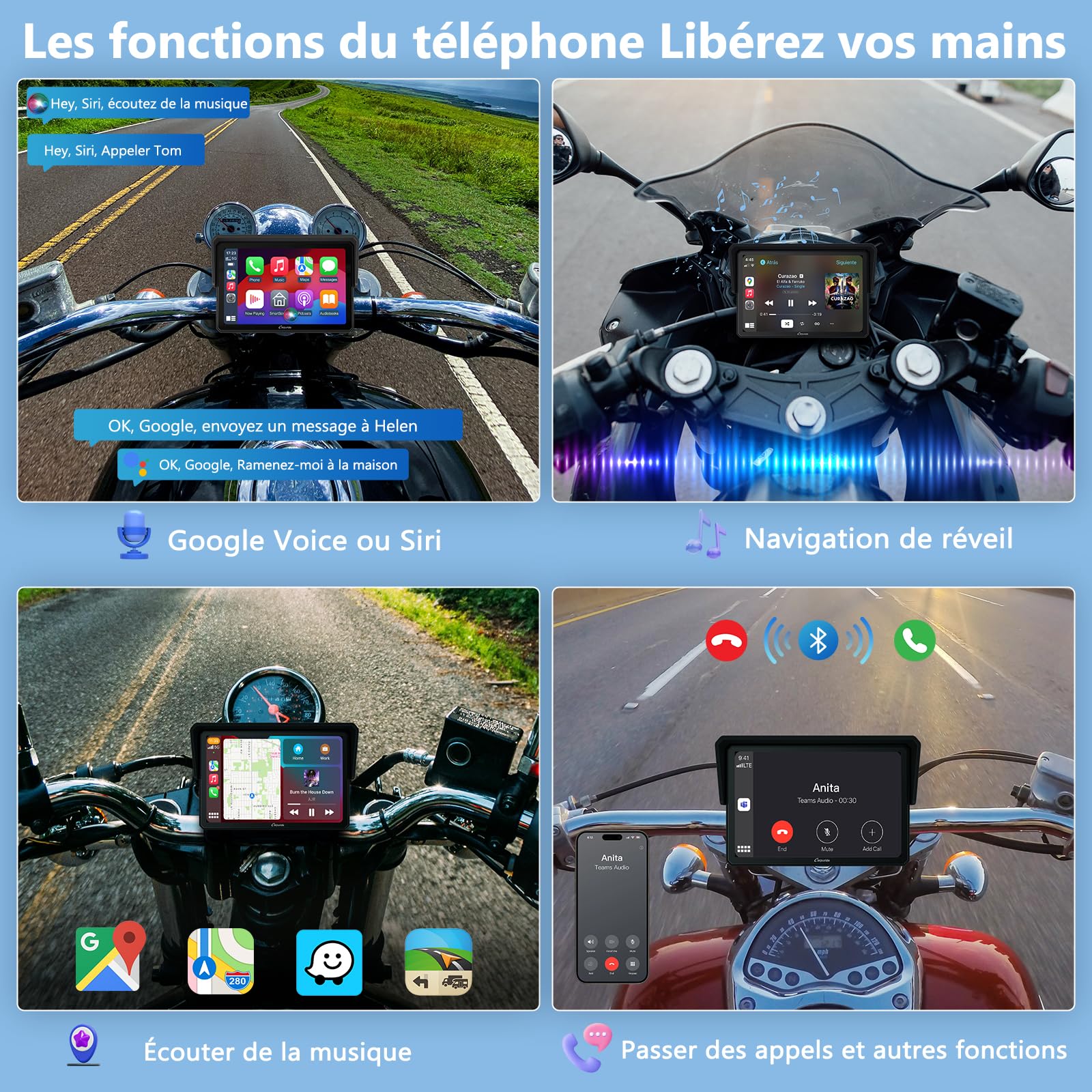 Carpuride W502 Écran Moto 5" GPS avec CarPlay sans Fil & Android Auto - Écran Tactile IPS Étanche IP67, Double Bluetooth, Navigation GPS, Siri,Béquille Moto réglable en Forme de U