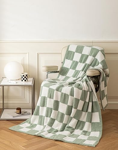 Miniatura 4 de Manta de punto de microfibra mullida de cuadros de ajedrez, súper suave y acogedora, ligera, para sofá y cama, cuadros escoceses, color verde