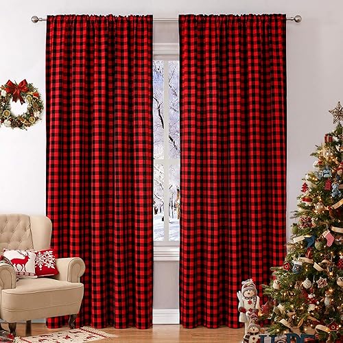 Vista 15 de WUBODTI - Cortinas navideñas rojas a cuadros búfalo, 63 pulgadas de largo, 2 paneles, cortinas cortas de cuadros rojo y negro estilo country, Rojo