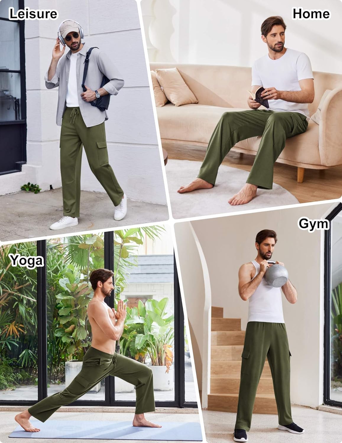 PINSPARK Men's Cargo Sweatpants with Pockets Open Bottom Baggy Cotton Jogger Sweatpants Uncuffed Lounge Pants Straight Leg - Image 7