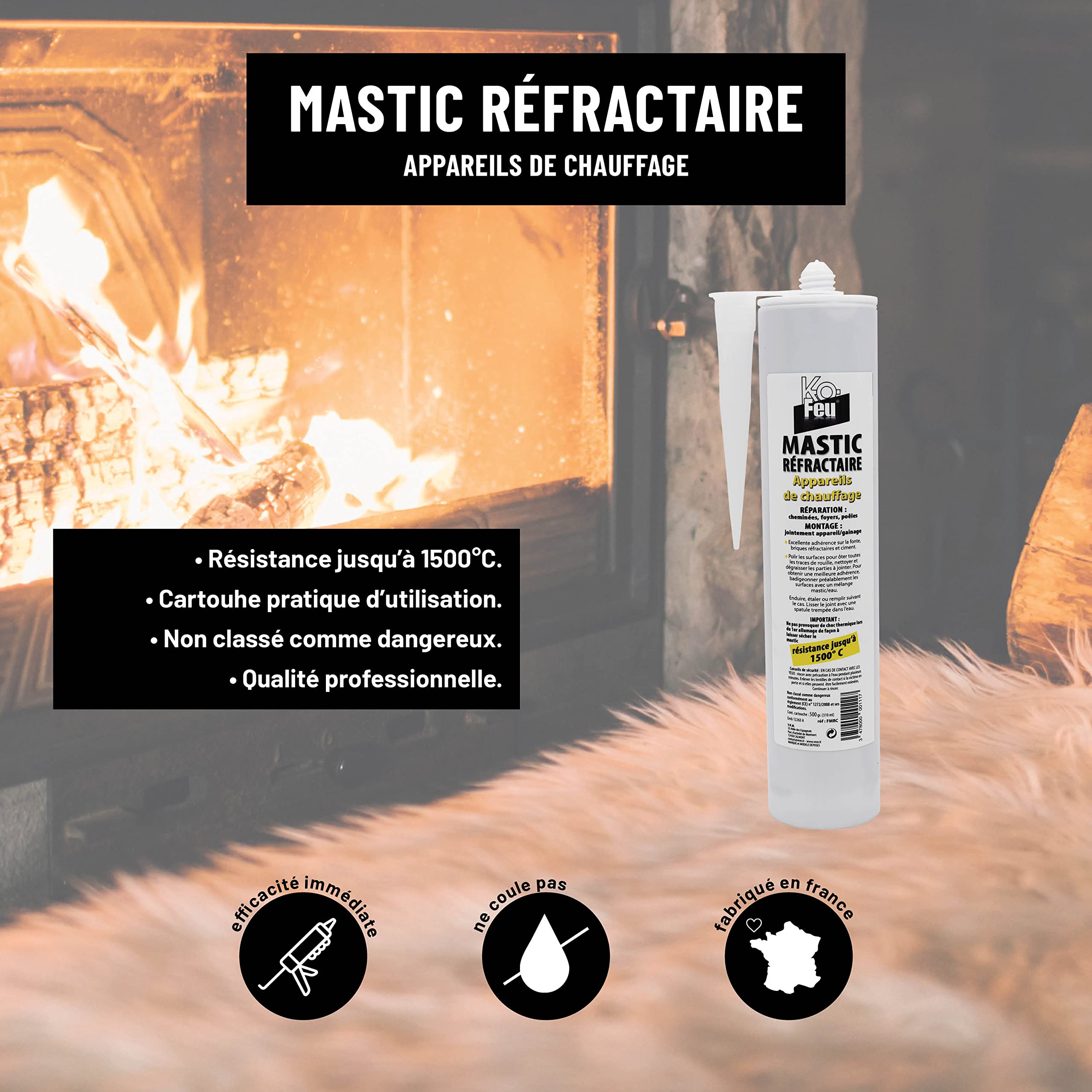K-OFEU - Mastice refrattario - Ideale per camini e stufe Inserto - Incollaggio e Riparazioni - Resistenza ad alta temperatura - 500 g (Confezione da 2)