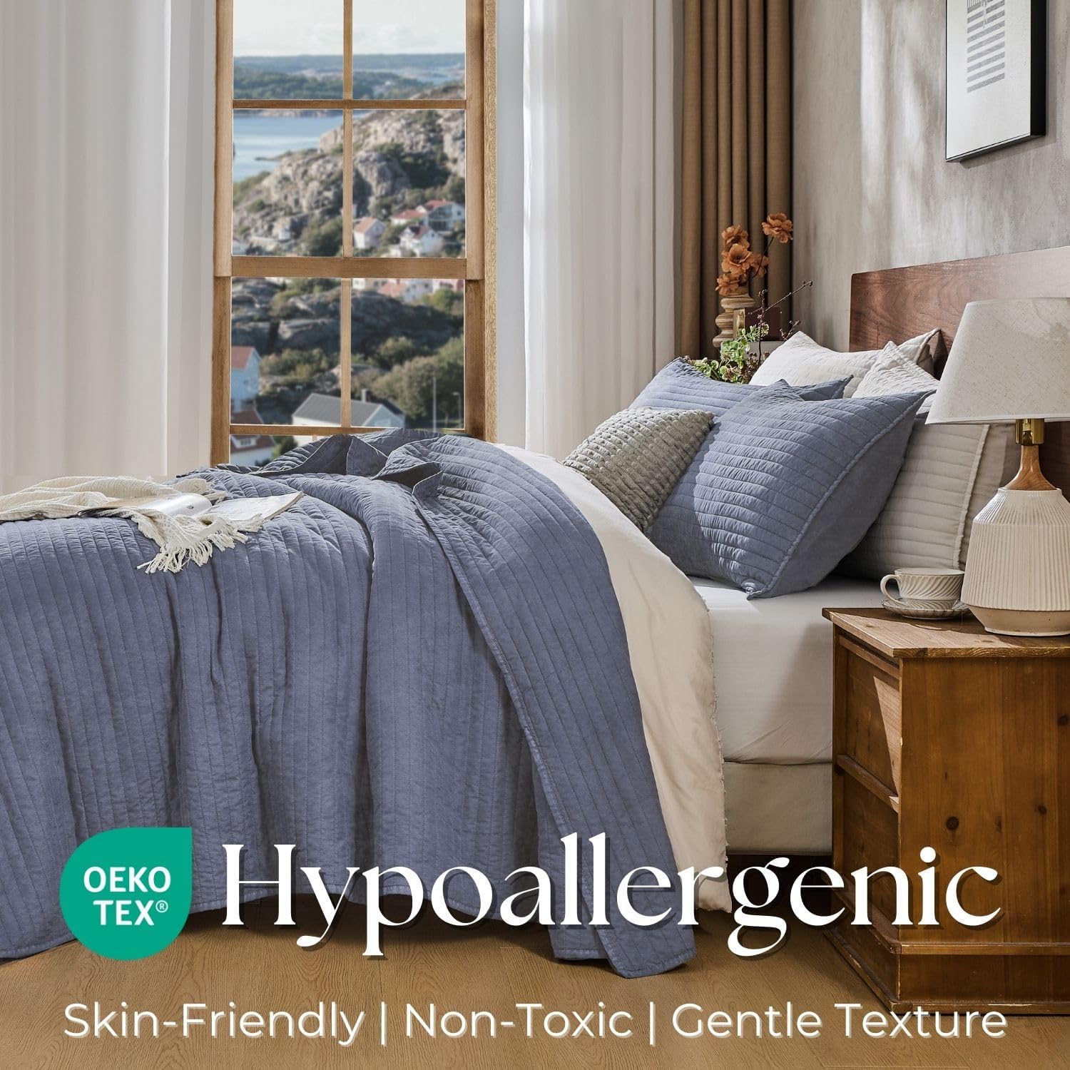 DOWN HOME King Quilt Bedding Set with Shams, Vintage Washed Soft Quilted Blanket Thin Comforter Lightweight Bedspread Coverlet Bed Cover, Brushed Microfiber Stripe Stitching, Vintage Denim, 104"x90" - Image 5