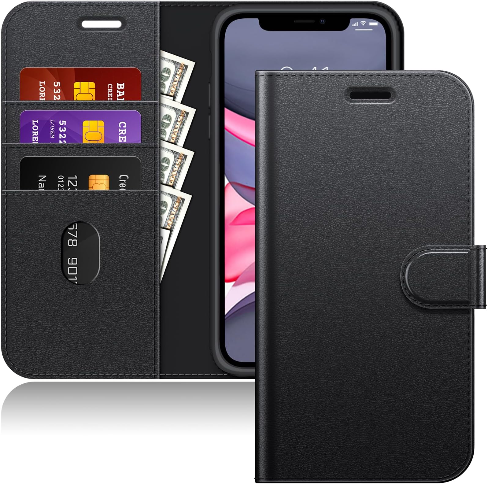 Wallet Case for iPhone 11 6.1-Inch, Shockproof PU Leather Magnetic Flip Cover with Card Holder and Stand Feature (Black)