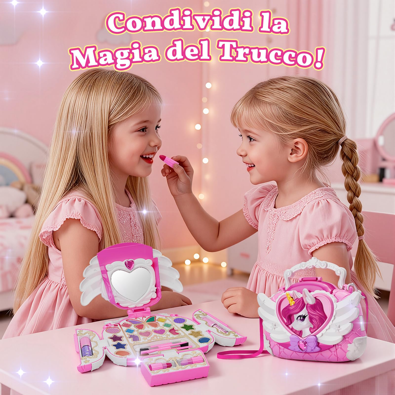 Unicorno Trucchi Bambina Set 3-12, Sicuro Lavabile kit di Trucco da principessa DIY Bambini con Specchio e Cinturino, Valigetta Trucchi Natale Feste Compleanno Regalo Bambina 4 5 6 7 8 9 10 11 12Anni