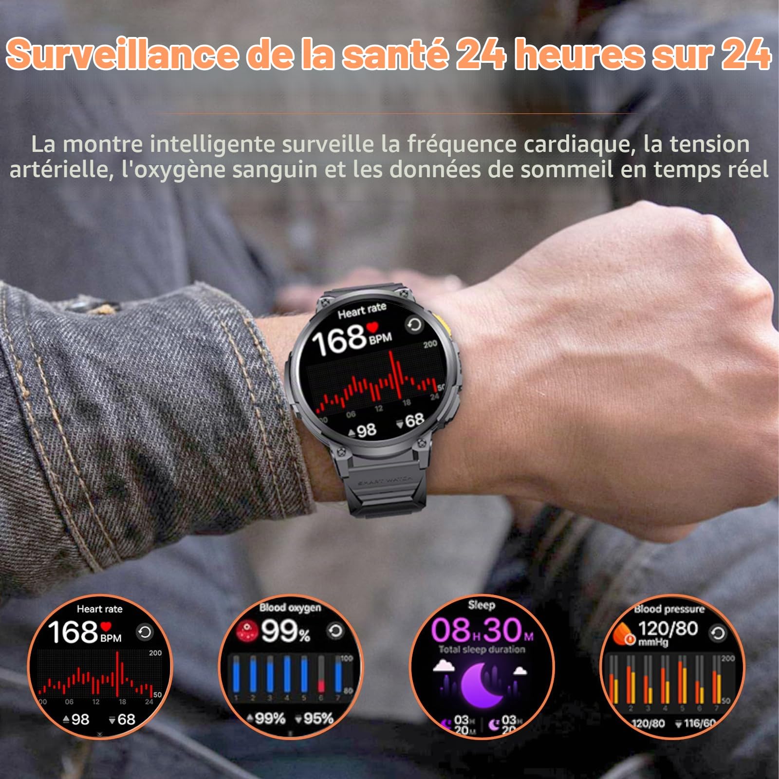 Montre Connectée Homme - 1.85'' HD Grand Écran Montre Connectée avec Torche LED/730mAh/IP68 Étanche, 120 Modes Sportifs, Moniteur de Fréquence Cardiaque/Sommeil/Sp02, Smartwatch Homme pour Android iOS