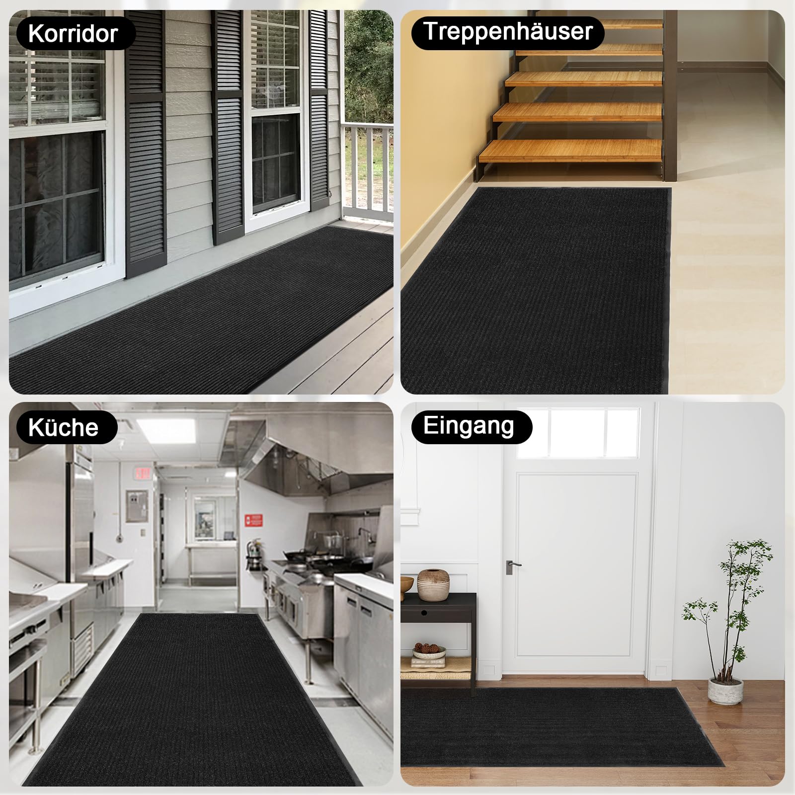 uyoyous Teppich Läufer Flur, rutschfest Schmutzfangmatte Meterware, 90×300 cm Streifenmuster Teppichläufer Küchenteppich, Waschbar Flurteppich für Eingänge, Küche, Wohnzimmer, Korridor-Schwarz