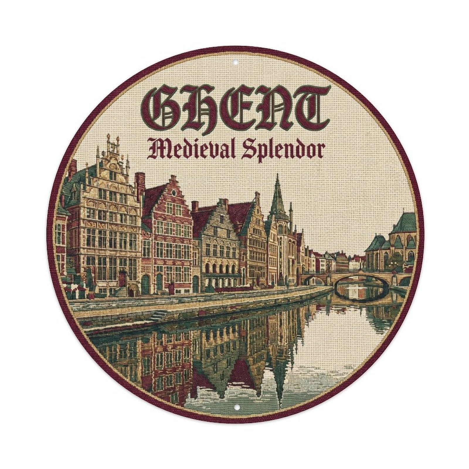 Vintage Travel Ghent Riverside Belgium Vintage Metal Tin Sign Plaque Wall Decor for Cafe, Club, Garden Round Metal Poster 8x8Inch