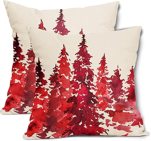 Juego de 2 fundas de almohada de árbol rojo acuarela de 18 x 18 pulgadas, fundas de almohada decorativas de Navidad con temática de naturaleza,