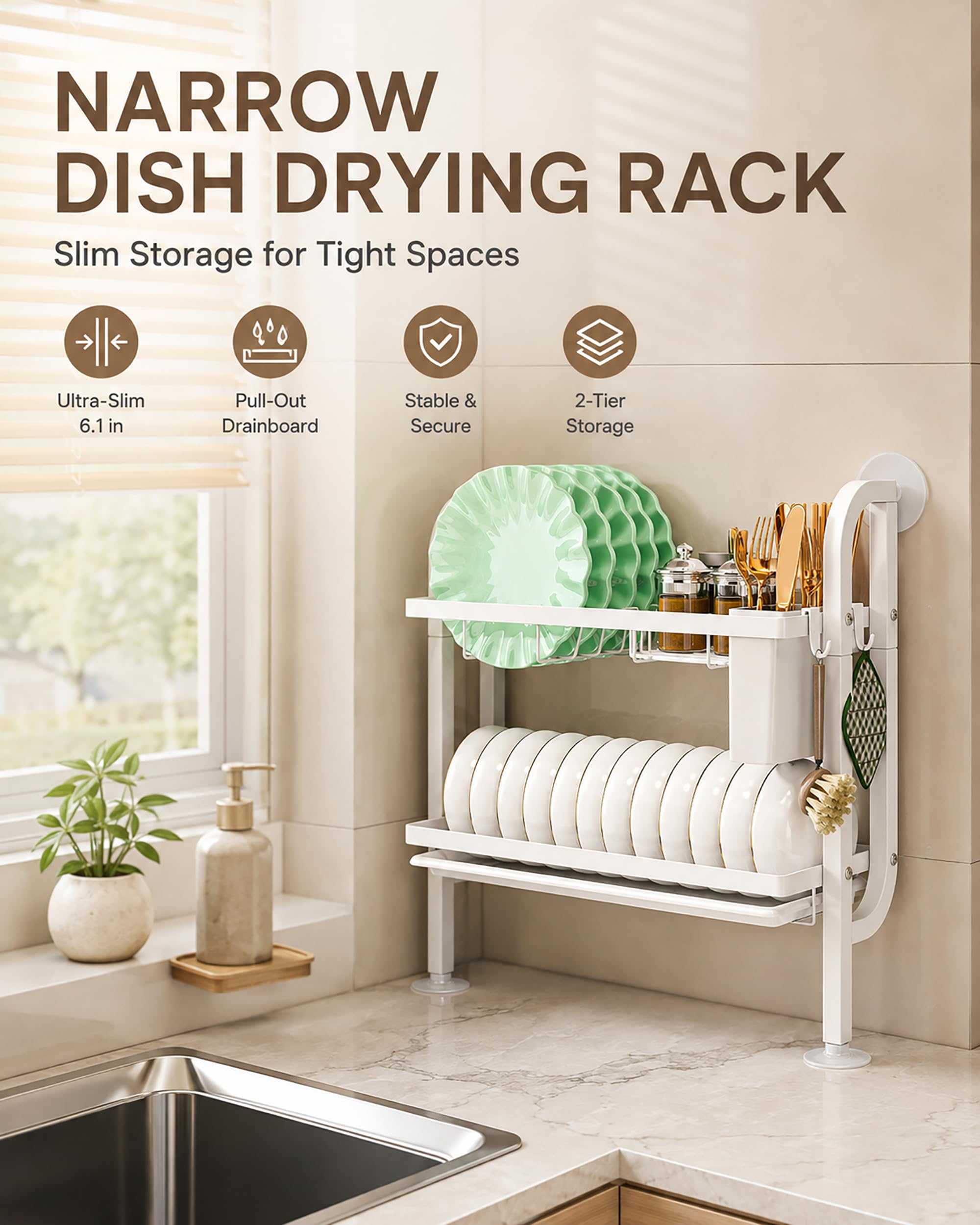 Scolapiatti Salvaspazio a 2 Livelli per Spazi Stretti - Organizer Cucina da Piano in Acciaio al Carbonio - Scaffale con Vassoio Antigoccia e Portautensili, 50x17x46.5 cm