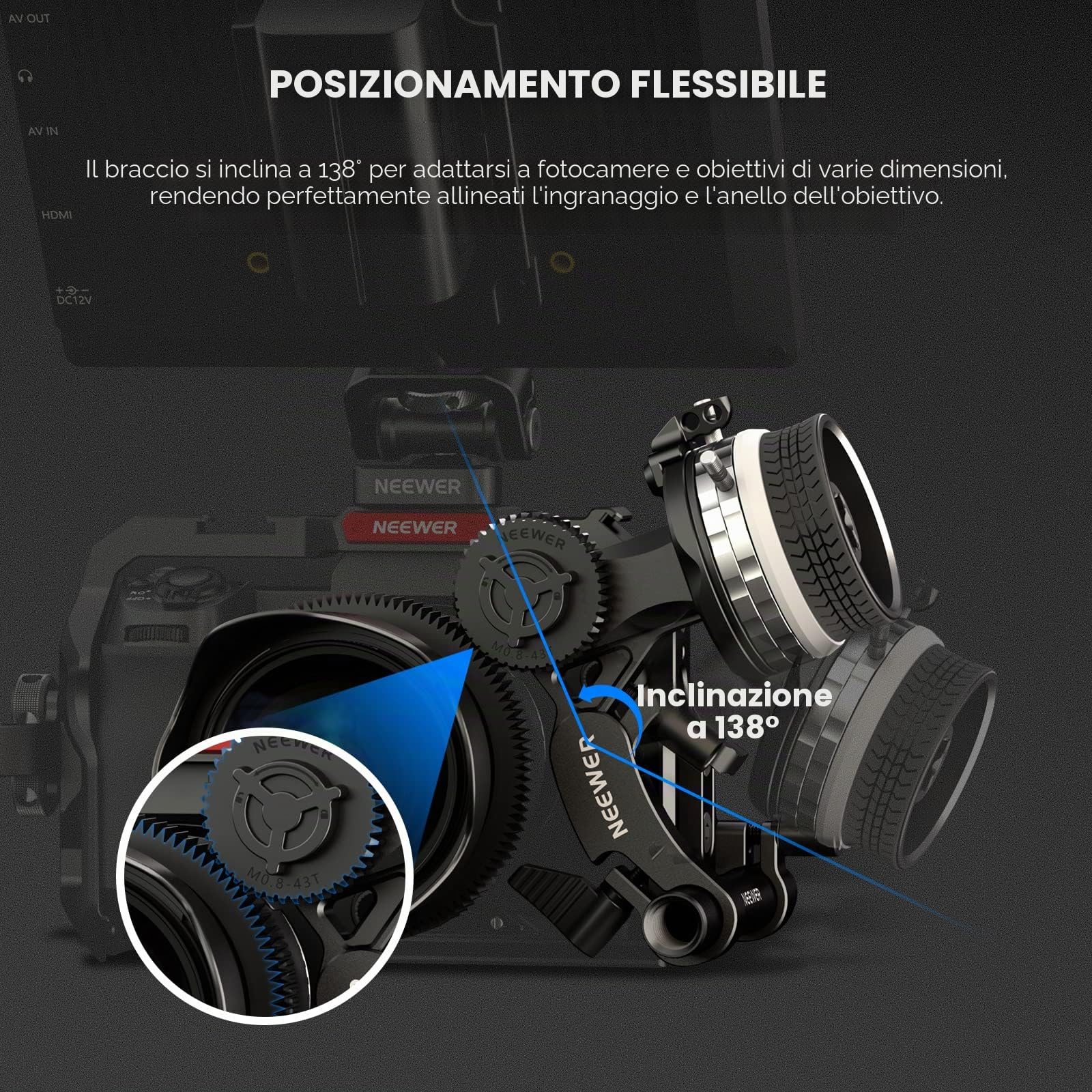 NEEWER Mini Follow Focus con attacchi A/B, corona dentata, asta da 15 mm e morsetto per fotocamera a film, fotocamera DSLR/senza specchio, compatibile con lenti di diametro fino a 114 mm, PG001