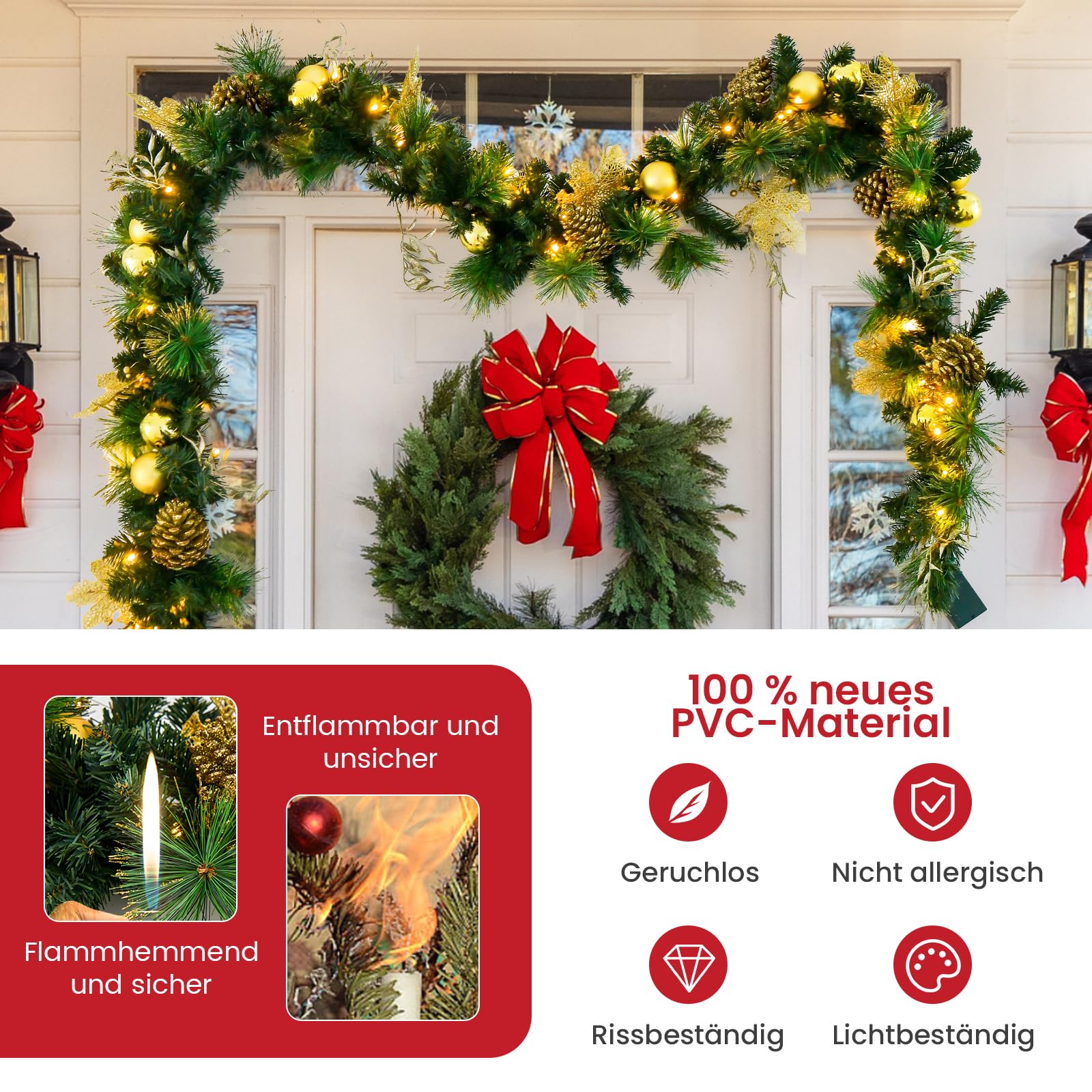 COSTWAY 270cm Weihnachtsgirlande mit Beleuchtung, 50 LEDs warmweiß, künstliche Tannengirlande mit Tannenzapfen & goldenen Kugeln, Tür Kamine Treppe Innen Außen, beleuchtete Weihnachtsdeko, Grün