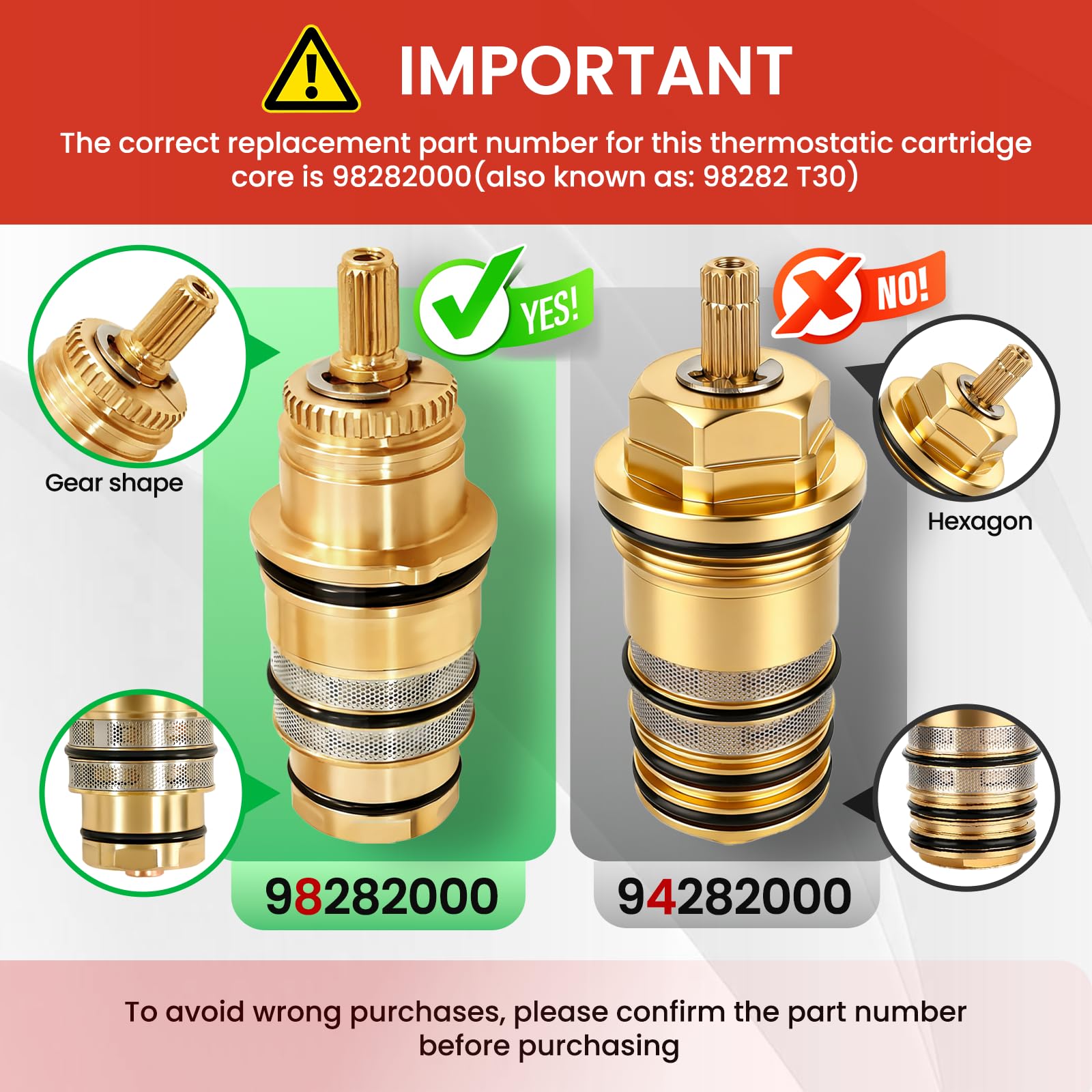 Cartucho termostático 98282000, compatible con Hansgrohe 98282000, se adapta al núcleo de válvula de ducha 98282 T30, control preciso de temperatura, actualización de latón duradero (reemplaza la