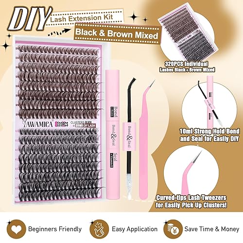 Miniatura 2 de Kit de extensión de pestañas para bricolaje, 320 pestañas individuales, mezcla de color negro y marrón, 0.354-0.630 in, kit de racimos de pestañas