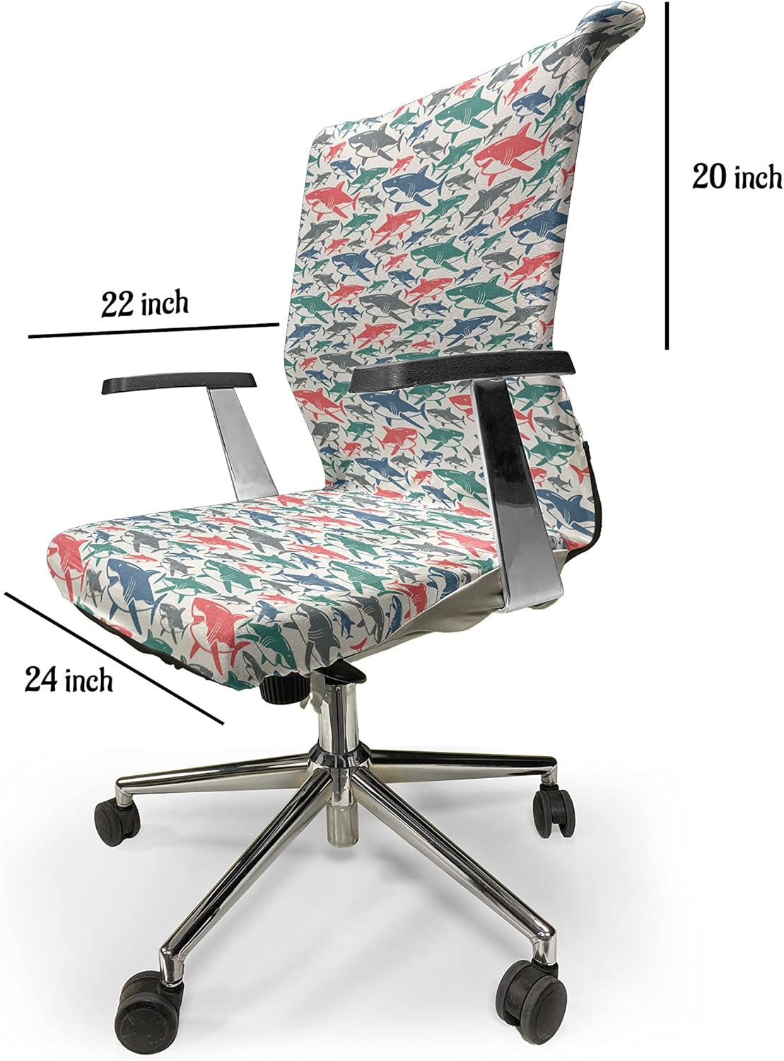 Ambesonne Shark Office Chair Cover, Colorful Underwater Fish Pattern Masters Survival Predators Dangerous Nature, Stretchable Decorative Universal Size High Back Printed Slipcover, White Coral