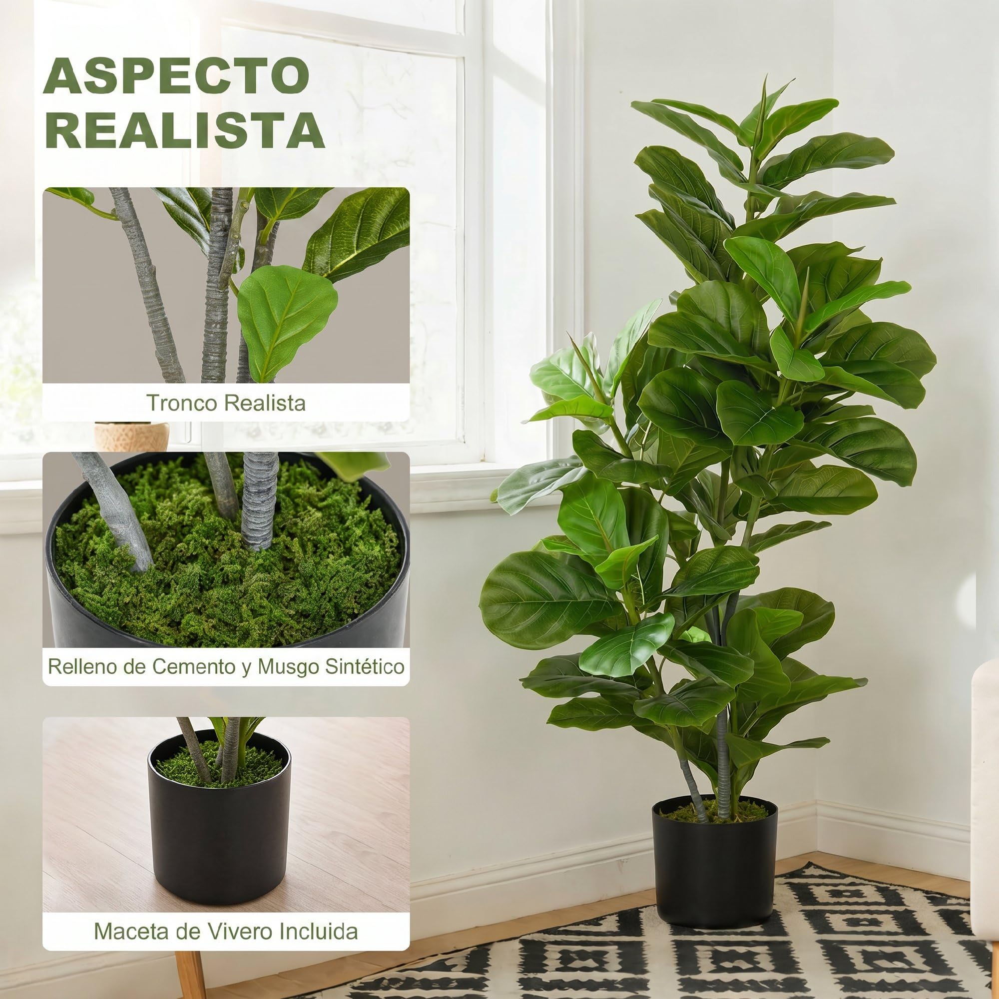 HOMCOM Planta Artificial Decorativa 110x15 cm Árbol Artificial de Ficus con 90 Hojas y Maceta para Interior Decoración para Sala de Estar Oficina Verde