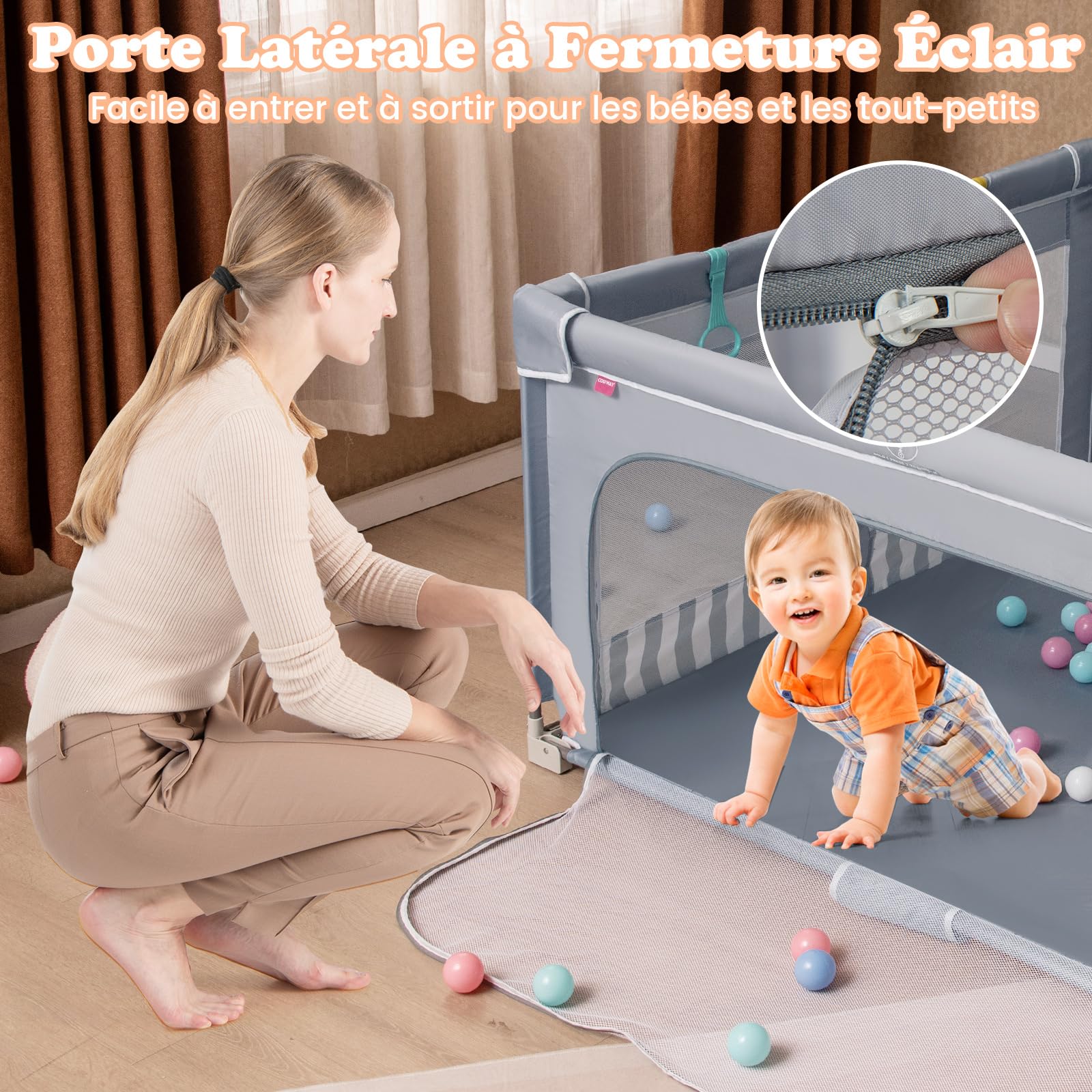 COSTWAY Parc Bebe Pliable avec 50 Balles Océaniques, 150 x 150 x 76,5 cm, Parc Enfant sans BPA pour Tout-petits, Filet Respirant, Portail Zippé, 4 Anneaux de Traction, Clôture Large en Oxford (Gris)
