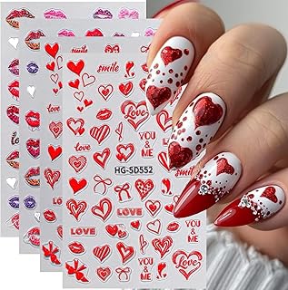 4Sheets 5D Valentine Nail Art Stickers Kit Romantic Valentines Style Red Lip Love Nail Design Decal with Adhesive Cute Hollow Heart Letter Bow Embossed Slider Decal for Wedding Perty Nail Charms Decor