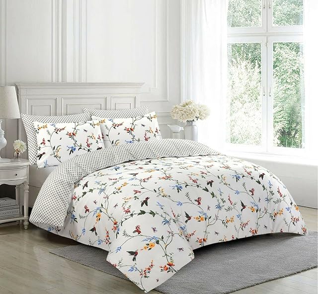 SeventhStitch Printed Duvet Cover 100% Cotton White Floral Bedding Set 200 Thread Count Quilt Covers with Pillowcases Double King Super King Bed Size (White Floral, Double)