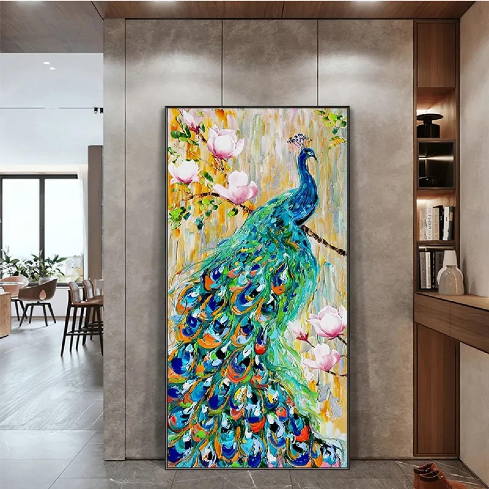 リビングルームの壁画垂直芸術の油絵玄関ホールのポーチ壁 掛け絵画（孔雀の絵） リビングルームの壁画垂直芸術の油絵玄関ホールのポーチ壁 掛け