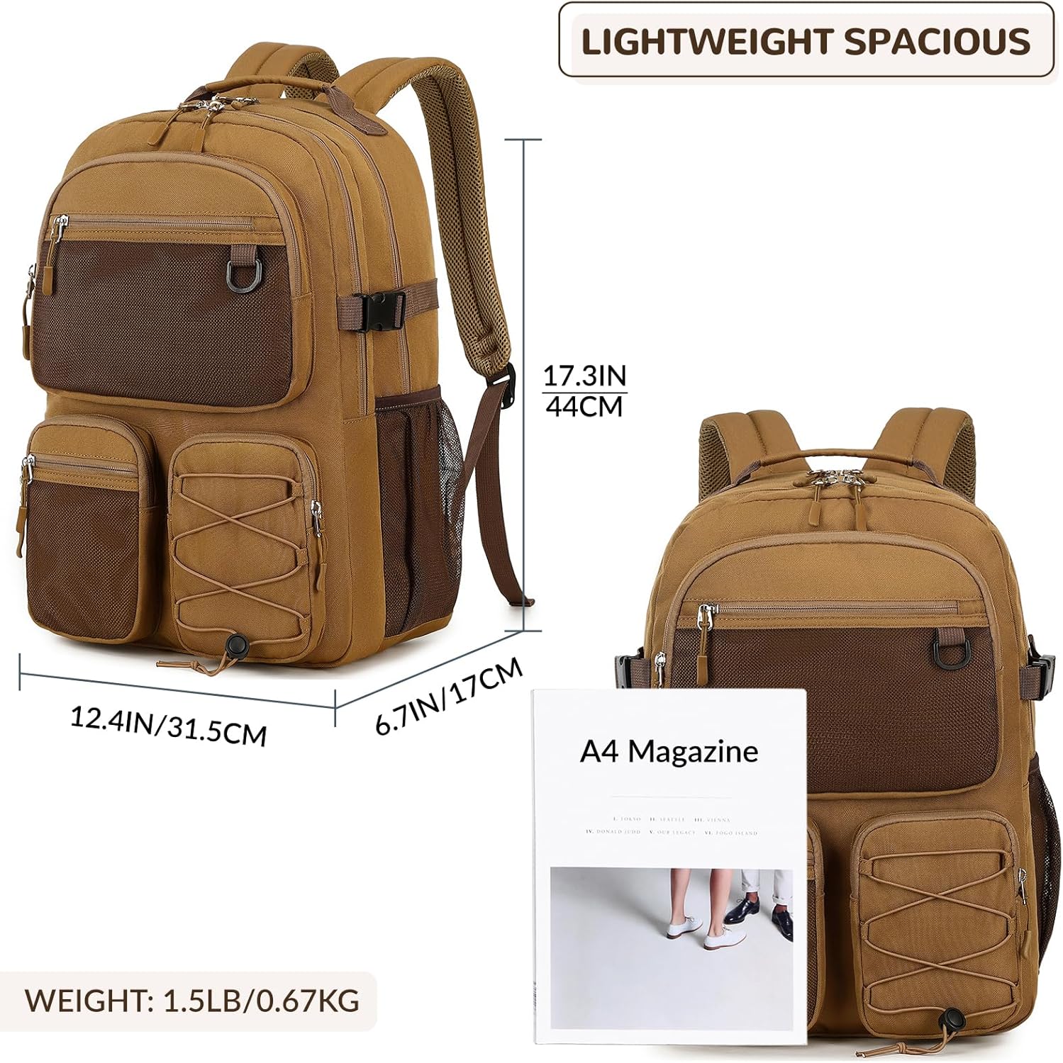 Lohol Water Resistant Daypack with Mulitiple Pockets for Travel Outdoor College, 15.6 inch Laptop Backpack for Men and Women (Brown) - Image 3