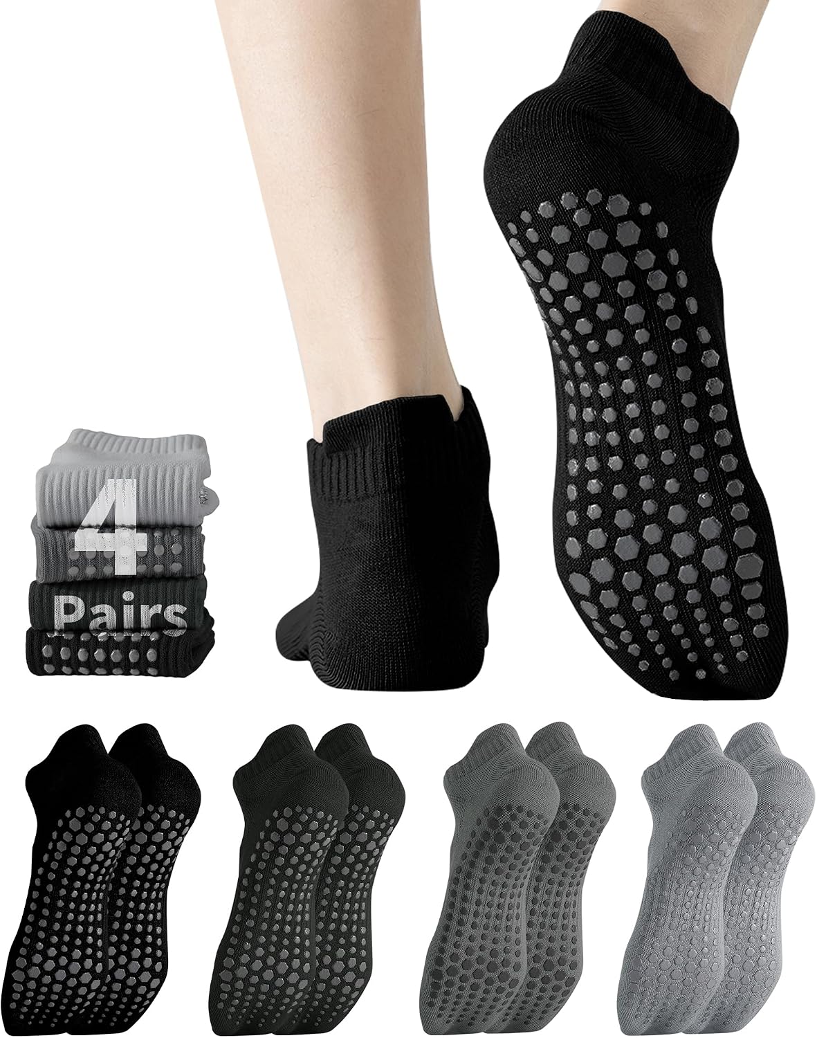 Yawlsow 4 Pair Pilates Grip Socks for Men Non Slip Grippy Socks Yoga Non Skid Sticky Sock for Hospital House Elderly