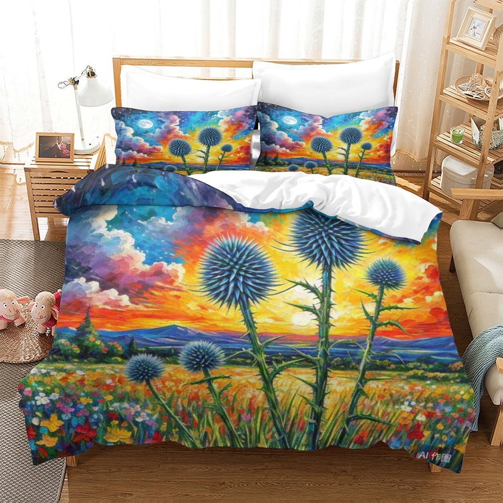 Housse de couette Echinops microfibre taie d'oreiller linge de lit fille garçon 260x220