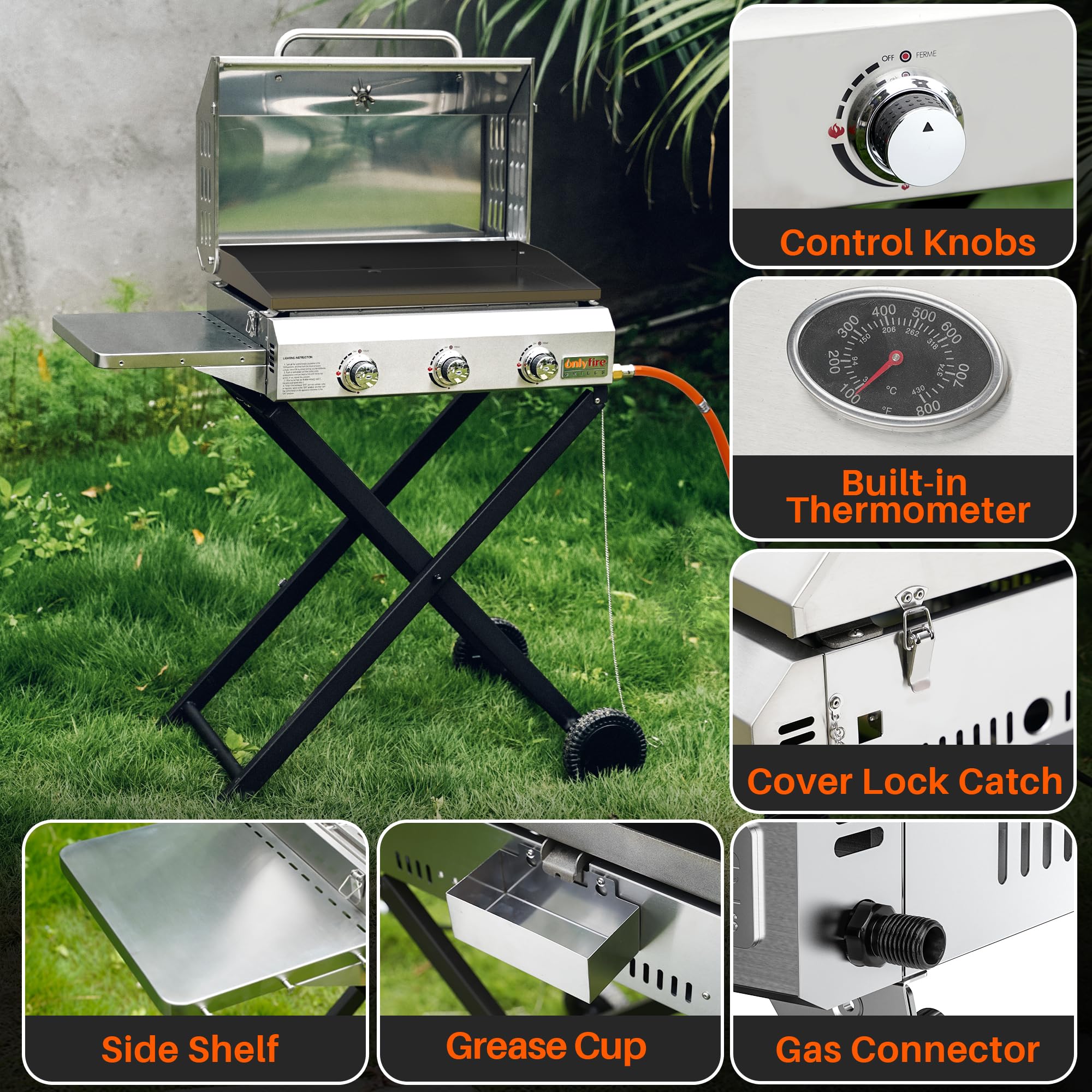onlyfire Plancha à Gaz en Inox sur Chariot, 3 Brûleurs 7 kW | avec Couvercle et Thermomètre, Plaque 57 × 36 cm en Céramique Antiadhésive, Tablettes Latérales