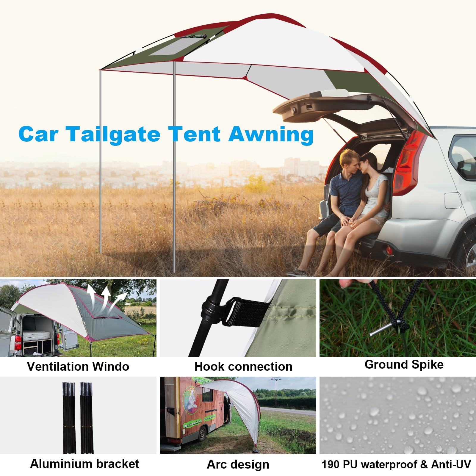 Tente de Voiture Arrière Extérieure - Auvent Caravane/Fourgon Imperméable & Anti-UV Polyester, Léger Portable pour Camping, Pêche, Famille (2.4x1.9m) avec Fenêtre Aérée et Montage Rapide