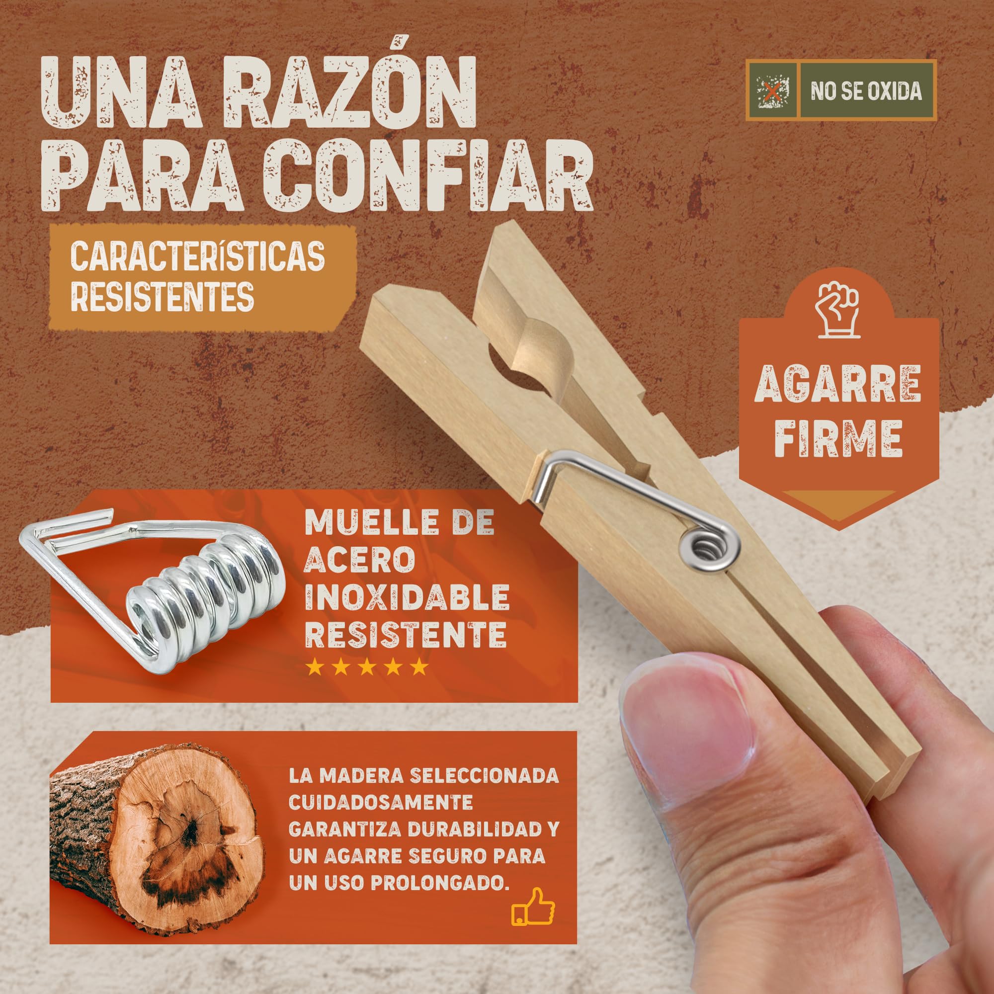 PORTENTUM Pinzas para Ropa de Madera, Set de 100, Color Natural - Resistentes con Fuerte Agarre para Tendedero Exterior, Manualidades y Hogar, Tamaño 7,5 x 1,0 x 1,3 cm