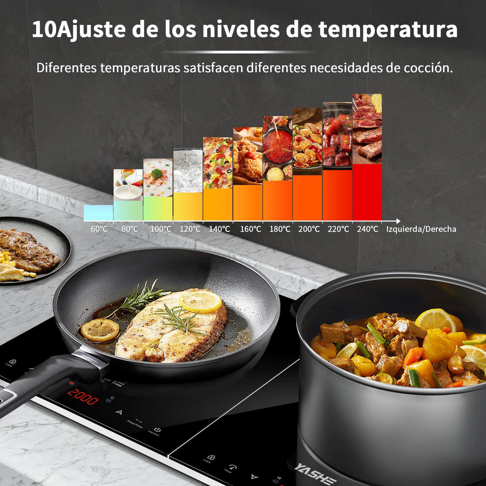 YASHE Placa de inducción- Placa de inducción de doble cara, 10 ajustes de potencia y 10 ajustes de temperatura, placa de inducción de 3500 W con 2 discos, temporizadores, bloqueo de seguridad